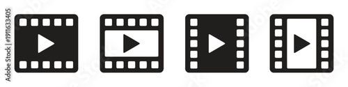 Film strip icons set vector with play button for video content.