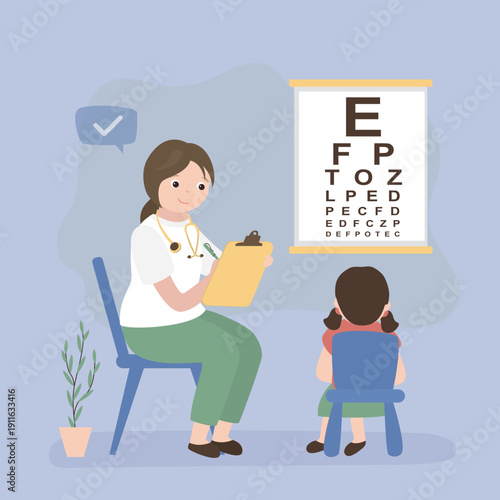 Woman ophthalmologist examine eyesight of little kid in clinic. Happy caring female doctor check sight of small girl, child in hospital. Healthcare and medicine