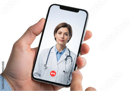 A person holding a smartphone displaying a doctor's video call on screen isolated on transparent background