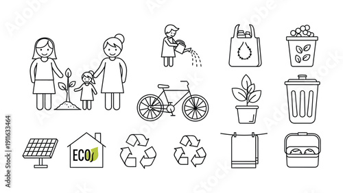 Sustainable Living Icons: An array of eco-friendly icons representing sustainable living practices, showcasing a commitment to a greener lifestyle.