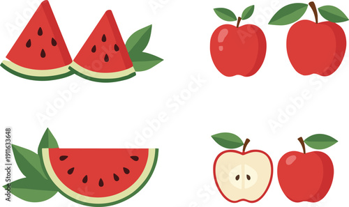 Fresh watermelon slices and red apple fruit vector set with colorful flat cartoon food illustrations