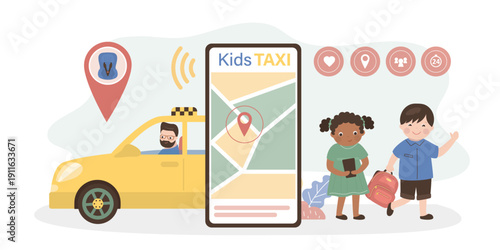 Multi ethnic boy and girl waiting yellow taxi car. Driver ride cab, little passengers use mobile phone for order taxi in app. Kids taxi with children chair. Safety transport.