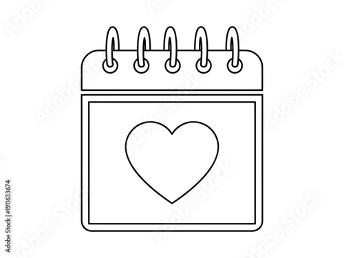 Calendar with a heart icon, vector outline illustration for love and special dates