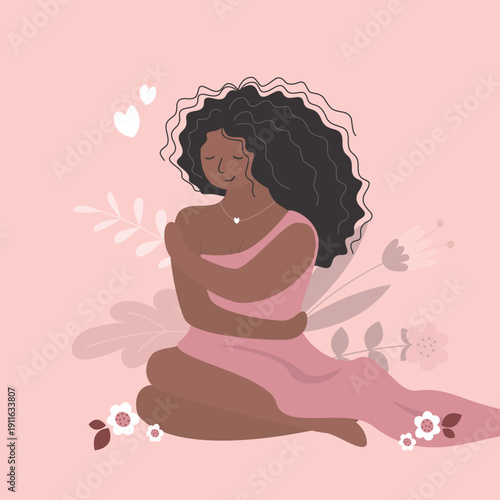 Cute girl with long hair sits. Cute young woman with fashion body and dress. Self-love, acceptance and harmony. Beauty lady.