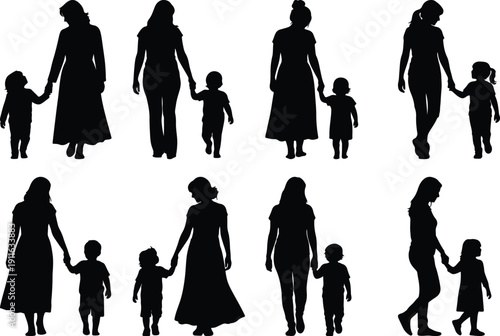 Group of mother and child silhouettes walking together