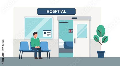 Illustration of a man waiting on a bench outside a hospital room door in a healthcare waiting area. Medical clinic patient services concept.