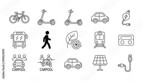 Sustainable Transport Icon Set: A collection of various sustainable transport modes and related icons, representing environmentally friendly travel and mobility solutions for a greener future.