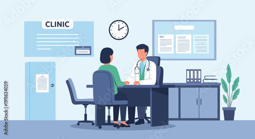Doctor Consultation with Patient in Clinic Office. Healthcare Appointment, Medical Checkup, and Diagnosis Flat Vector Illustration.