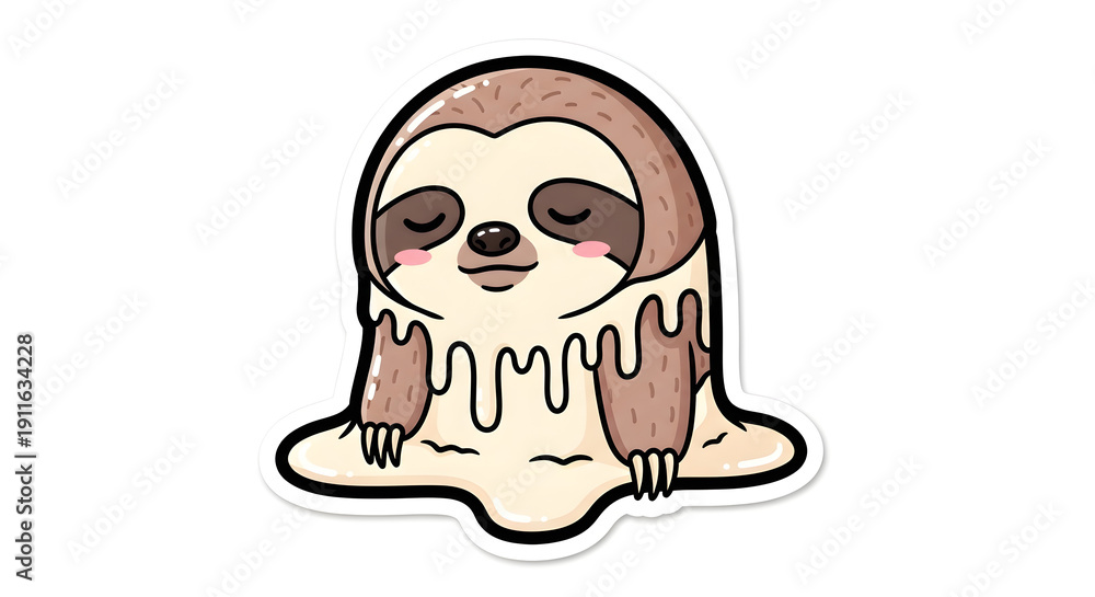 Fototapeta premium A cartoon sloth melting into a puddle of honey, relaxing in a calm environment from a front viewpoint