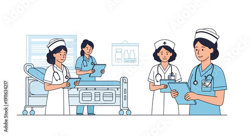 Professional Female Nurses Team Collaboration in Hospital Ward. Medical Staff Making Patient Rounds. Vector Illustration.