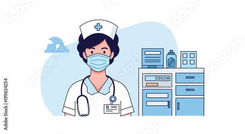 Female Nurse Wearing Face Mask and Stethoscope in Hospital Setting. Flat Vector Illustration.