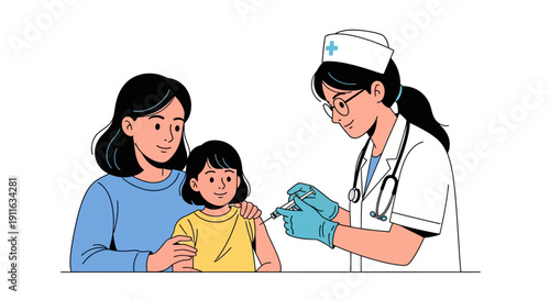Pediatric Vaccination: Young Girl Receiving Injection from Nurse while Supported by Her Mother. Modern Flat Vector Illustration.