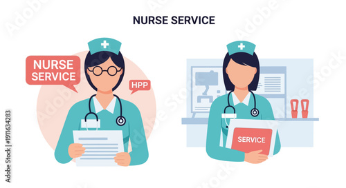 Professional Nurse Service Vector Illustration. Female Healthcare Staff Holding Medical Records for Consultation, Hospital Patient Care, and Telemedicine Concepts.