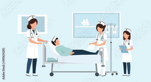 Professional Nurses Attending to Patient in Hospital Bed. Healthcare Team Providing Medical Care and Service in a Clinic or Ward. Flat Vector Illustration.