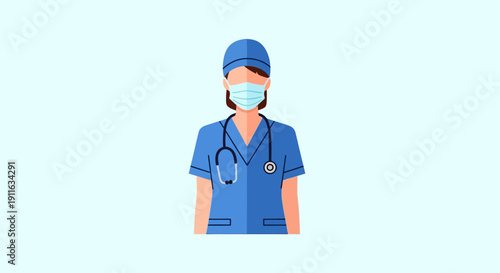 Doctor or Nurse in Scrubs, Face Mask, and Stethoscope Icon. Female Medical Worker Flat Vector Illustration.
