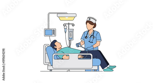 Nurse Administering Medical Procedure to Male Patient in Hospital Bed. Healthcare Assistance, Professional Nursing Care and Hospitalization Illustration.