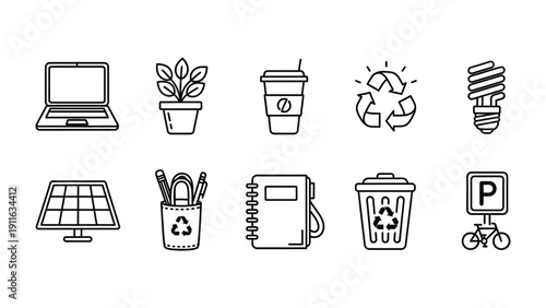 Eco-Friendly Icons Set: A collection of meticulously crafted, minimalistic icons, each symbolizing an element of environmental sustainability and responsible living. Featuring a laptop, potted plant.