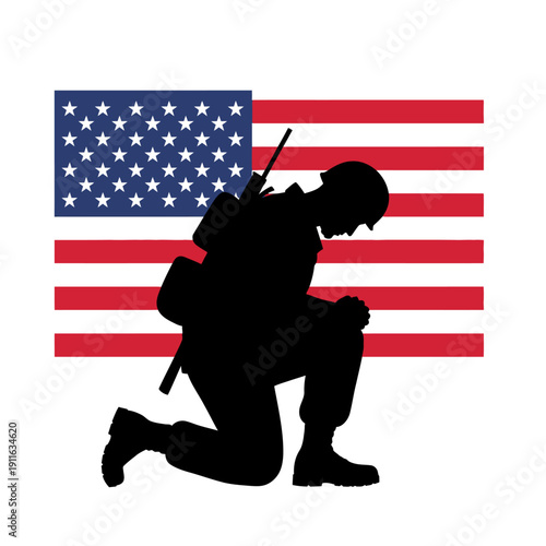 Soldier Kneeling in Remembrance Before American Flag Silhouette