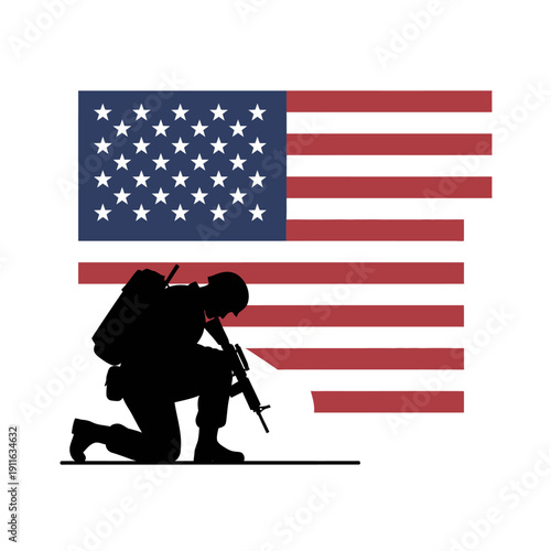 Soldier Kneeling with American Flag Background - Memorial Day, Veterans Day, Patriotism