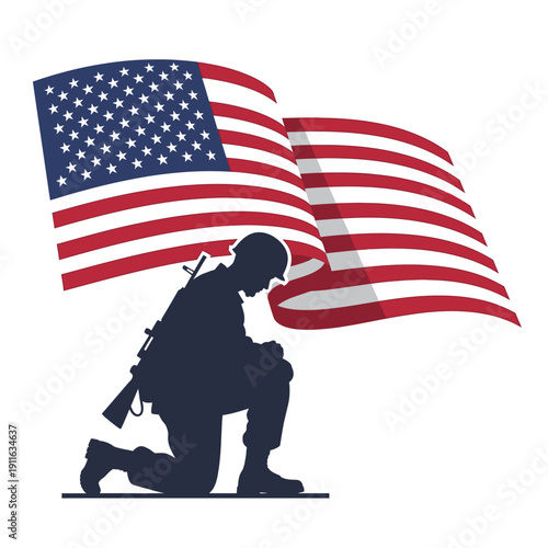 Soldier kneeling in front of American flag, honoring fallen heroes, remembrance, patriotism