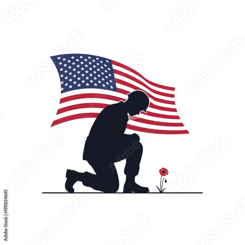 Soldier kneeling before American flag and poppy, honoring fallen heroes.
