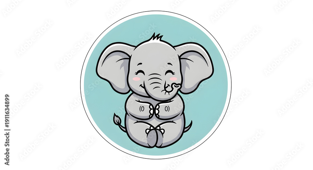 Obraz premium Cute cartoon elephant meditating in a serene teal circle