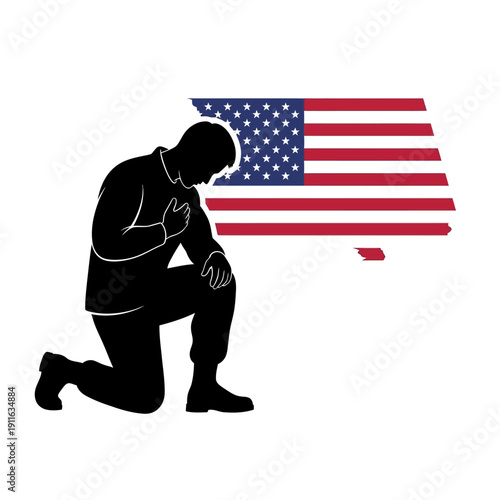 Soldier kneeling with hand on heart over US flag map silhouette, honoring service