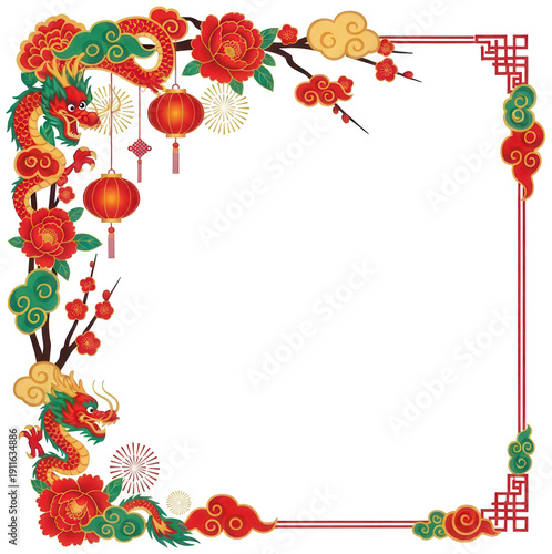 Red Dragon png Festive Border cutout Lunar Frame png Oriental Lantern cutout Golden Cloud png Decorative Flower cutout Chinese New Year png isolated transparent background image