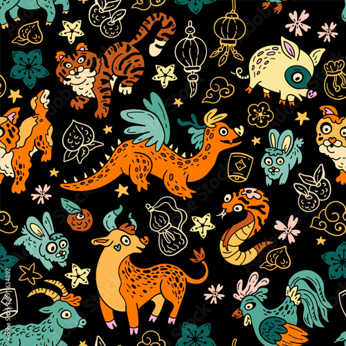 Animals of the Chinese zodiac. Seamless pattern with Eastern astrology. Bright doodle backdrop for teenagers and small children. Funny zodiac sign. Symbols of prosperity for the New Year