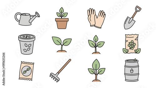 Gardening Essentials: A charming collection of essential gardening tools and elements is showcased, creating a perfect illustration of planting and growth.