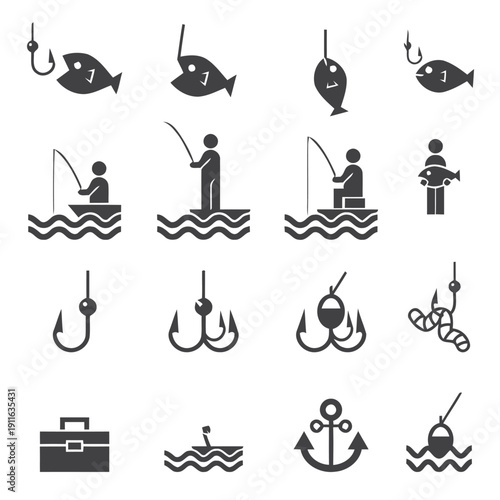 Fishing icons and symbols for fishing activity and gear