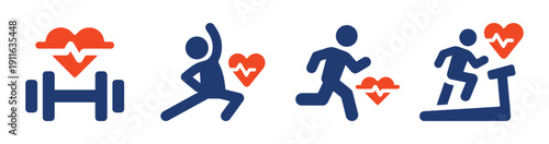 Fitness and exercise icons set vector illustration showing healthy lifestyle dumbbell heart running treadmill