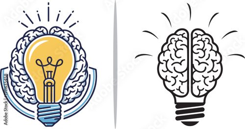 This vector collection explores creativity through two designs: a human brain inside a glowing lightbulb and a detailed brain with radiating light, symbolizing innovation and cognitive intelligence.