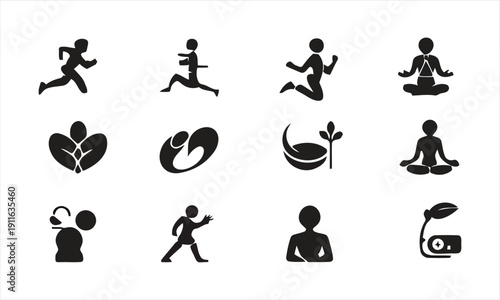 Fitness and wellness icons showing people exercising, meditating and abstract natural elements