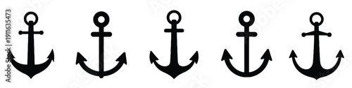 Five black anchor symbols arranged in a row on a white background. Classic nautical icons representing security and stability.
