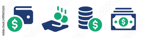 Financial icons with wallet coins and banknotes representing money saving investment and currency exchange services