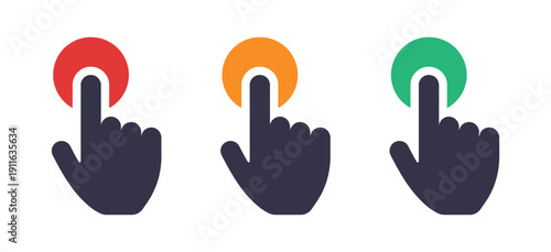 Finger touching colored circles icon set, representing interaction or selection