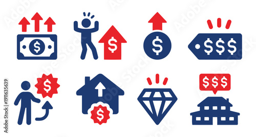 Financial success and growth icons set with money upward arrows and diamond