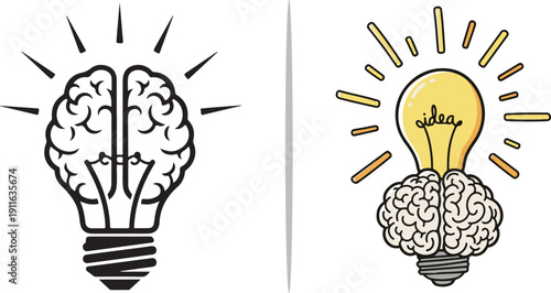 Conceptual vector art featuring human brains integrated with lightbulbs. Various styles show brains glowing, split with light, or emitting rays, symbolizing creativity, logic, and sudden insight.