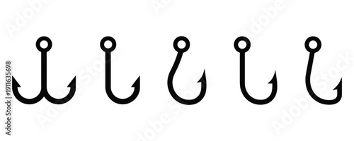 Five black silhouettes of fishing hooks in various shapes and sizes