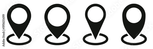 Four black map marker location pin icons with circle base on white background
