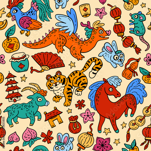 Seamless pattern with Eastern astrology. Animals of the Chinese zodiac. Bright doodle backdrop for teenagers and small children. Funny zodiac sign. Symbols of prosperity for the New Year