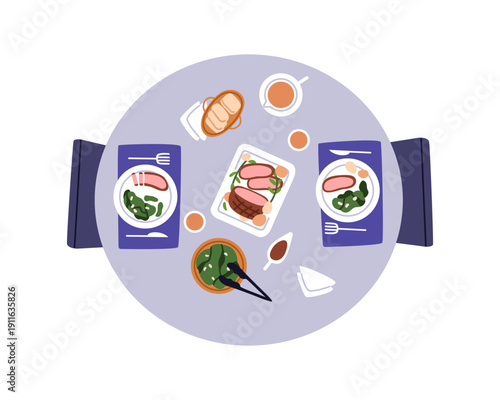 Dinner meal on dining table from top view. Meat and side dishes served from above. Food, snacks, plates, utensils for couple, restaurant serving. Flat vector illustration isolated on white background
