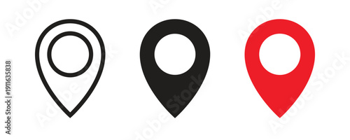 Flat location marker pin set in black and red colors for mapping and navigation interface design