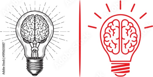 This vector collection showcases creative concepts of intelligence, featuring a human brain integrated with a glowing lightbulb. The clean line art highlights innovation and brilliant ideas.