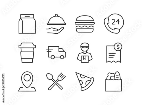 Food delivery service line style icons vector graphics set on white background