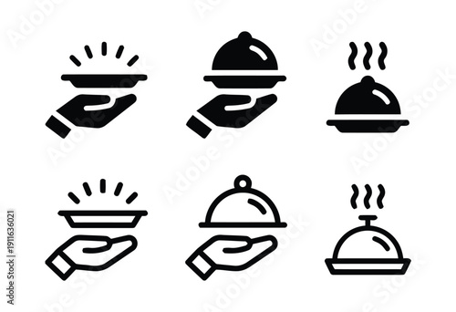 Food serving icons with hand holding dishes and covered plates