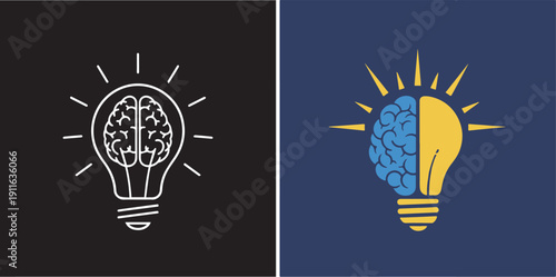 Conceptual vector art featuring human brains integrated with lightbulbs. Various styles show brains glowing, split with light, or emitting rays, symbolizing creativity, logic, and sudden insight.