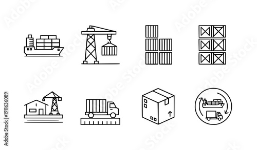 Maritime Logistics Line Icons Port Crane Cargo Set