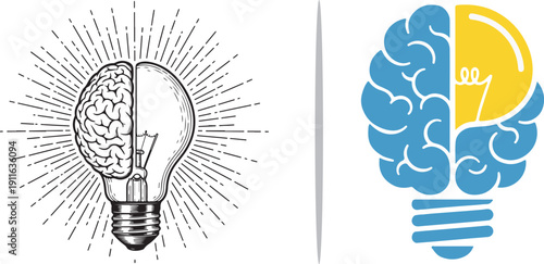 Two vibrant vector icons of lightbulbs containing human brains. One features a brain wearing a graduation cap, while the other shows a detailed blue brain, both emitting bright yellow light.